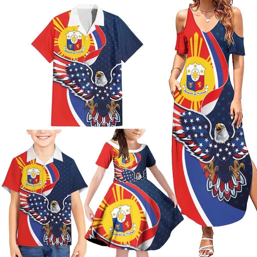 Filipino American History Month Family Matching Summer Maxi Dress and Hawaiian Shirt USA Eagle and Philippines Sun Symbol with National Flag - Wonder Print Shop