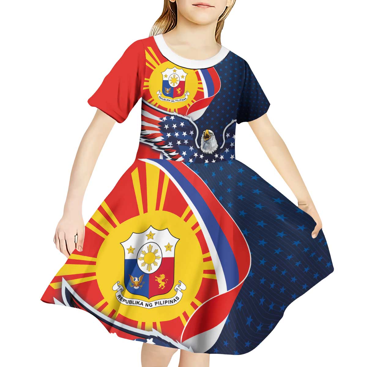 Filipino American History Month Kid Short Sleeve Dress USA Eagle and Philippines Sun Symbol with National Flag - Wonder Print Shop