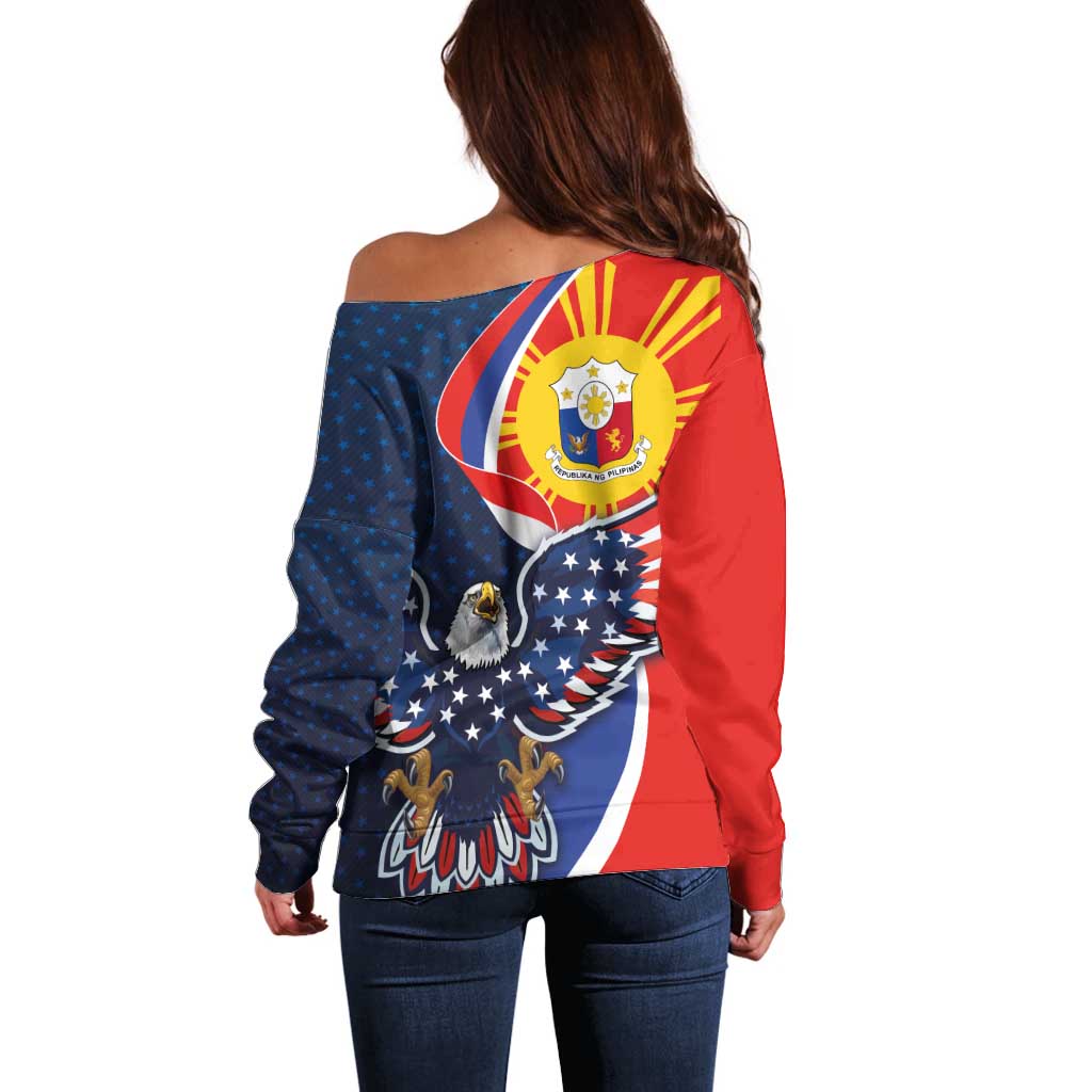 Filipino American History Month Off Shoulder Sweater USA Eagle and Philippines Sun Symbol with National Flag - Wonder Print Shop
