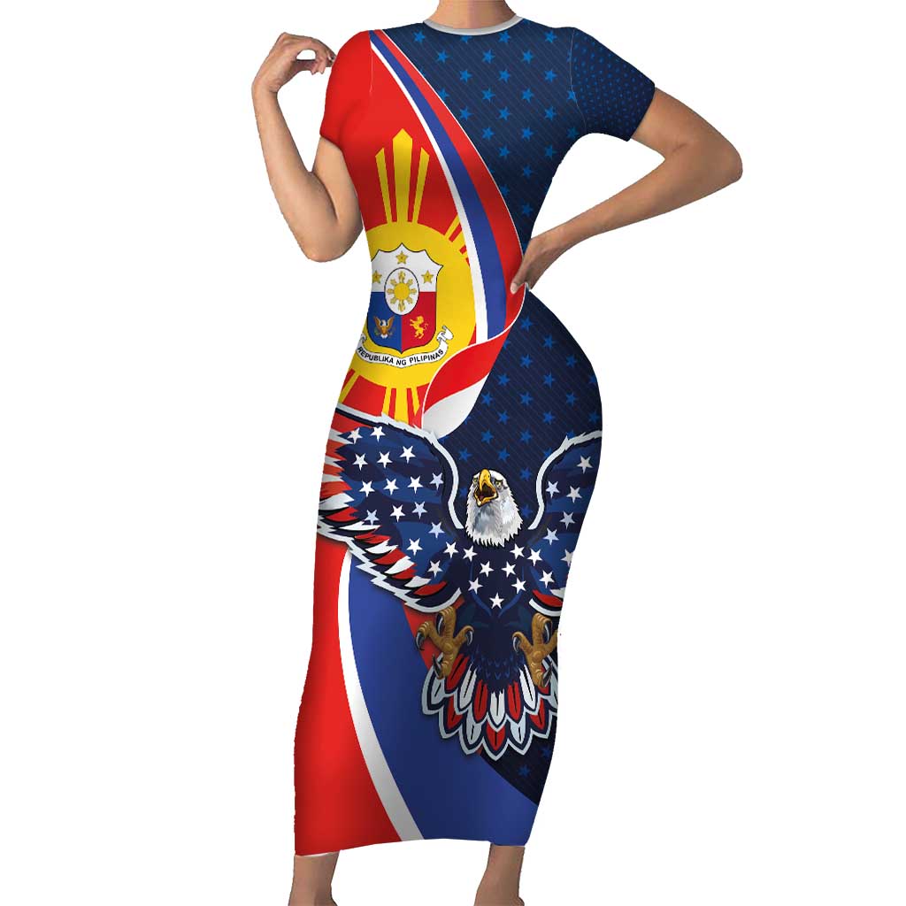 Filipino American History Month Short Sleeve Bodycon Dress USA Eagle and Philippines Sun Symbol with National Flag - Wonder Print Shop