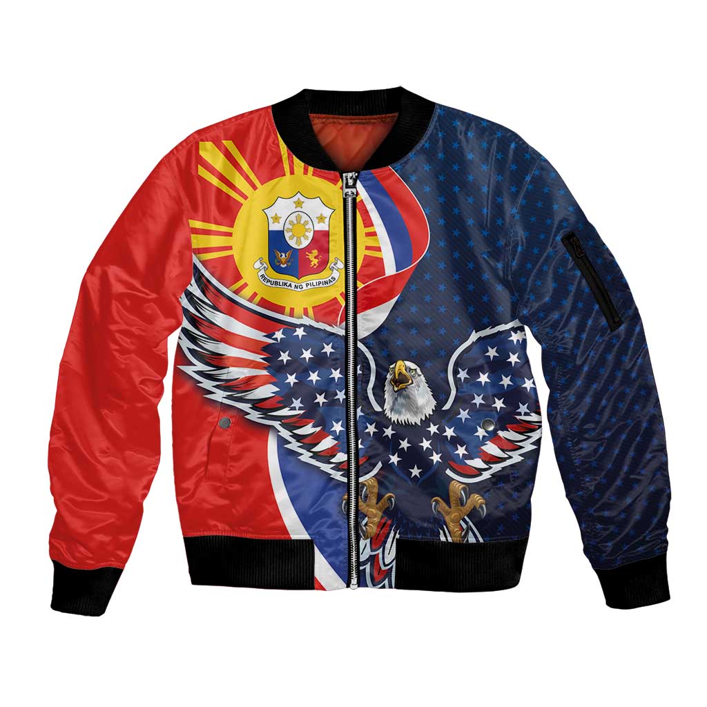 Filipino American History Month Sleeve Zip Bomber Jacket USA Eagle and Philippines Sun Symbol with National Flag - Wonder Print Shop