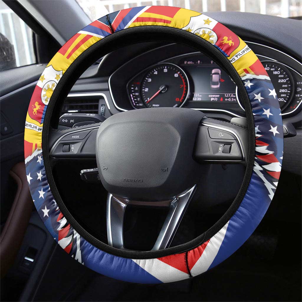 Filipino American History Month Steering Wheel Cover USA Eagle and Philippines Sun Symbol with National Flag - Wonder Print Shop