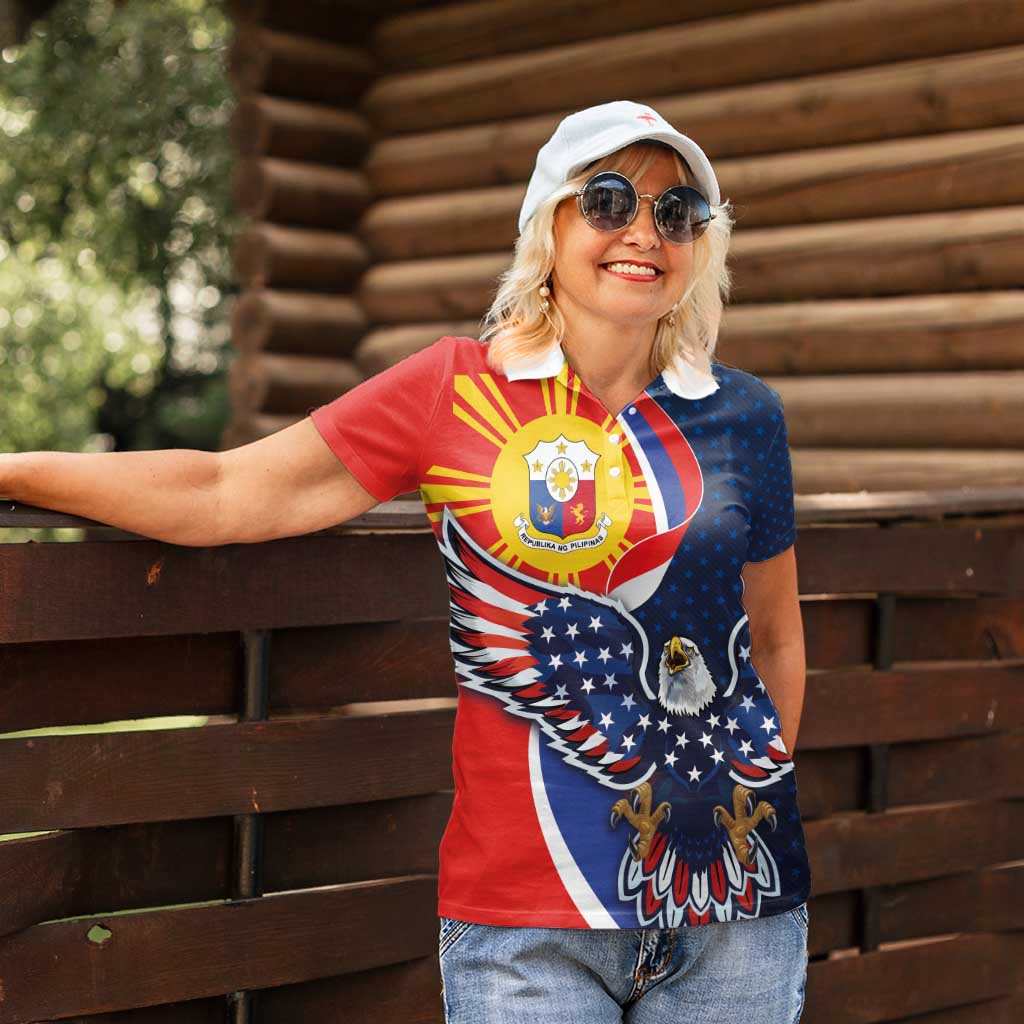 Filipino American History Month Women Polo Shirt USA Eagle and Philippines Sun Symbol with National Flag - Wonder Print Shop