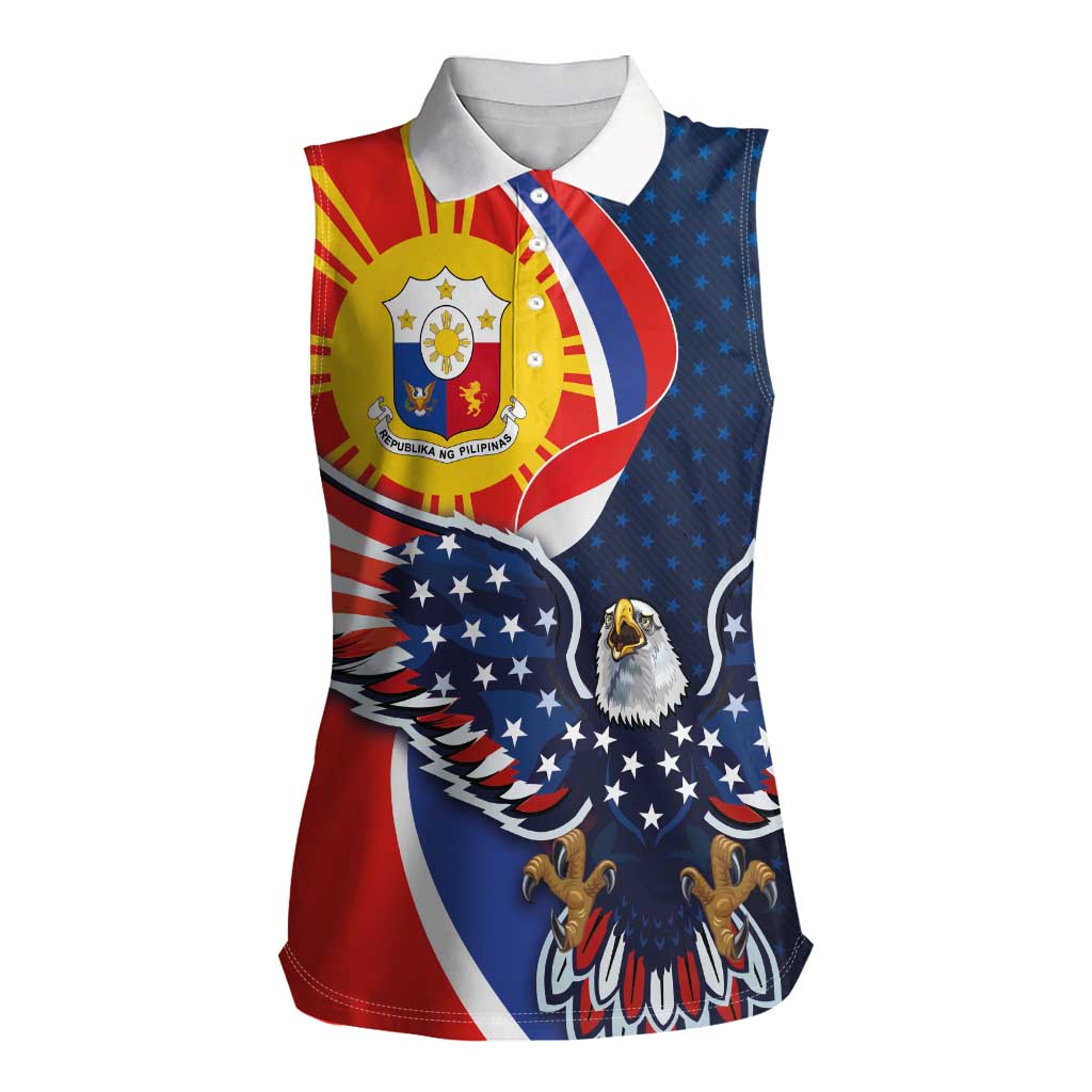 Filipino American History Month Women Sleeveless Polo Shirt USA Eagle and Philippines Sun Symbol with National Flag - Wonder Print Shop