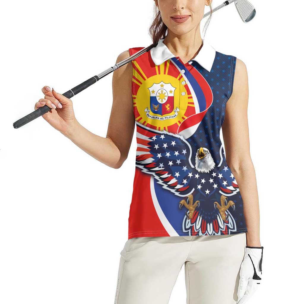 Filipino American History Month Women Sleeveless Polo Shirt USA Eagle and Philippines Sun Symbol with National Flag - Wonder Print Shop