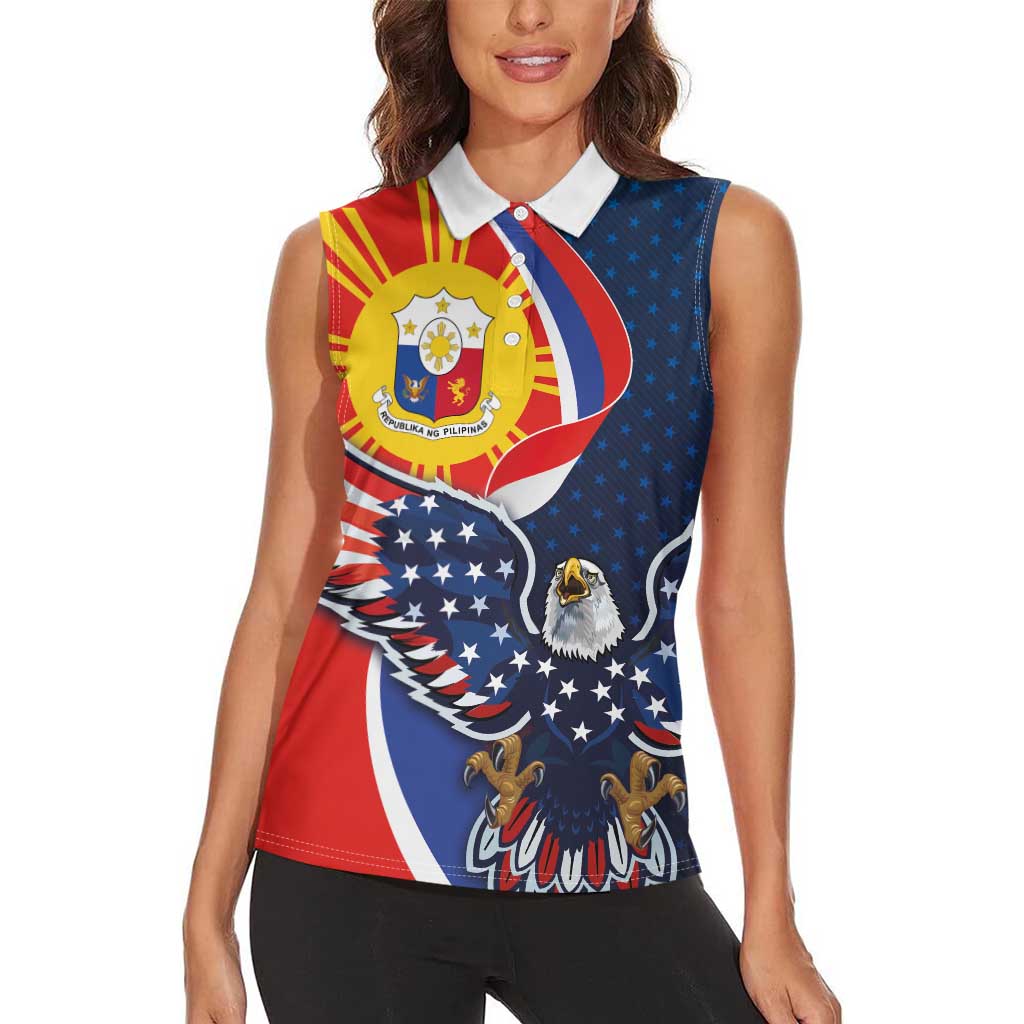 Filipino American History Month Women Sleeveless Polo Shirt USA Eagle and Philippines Sun Symbol with National Flag - Wonder Print Shop
