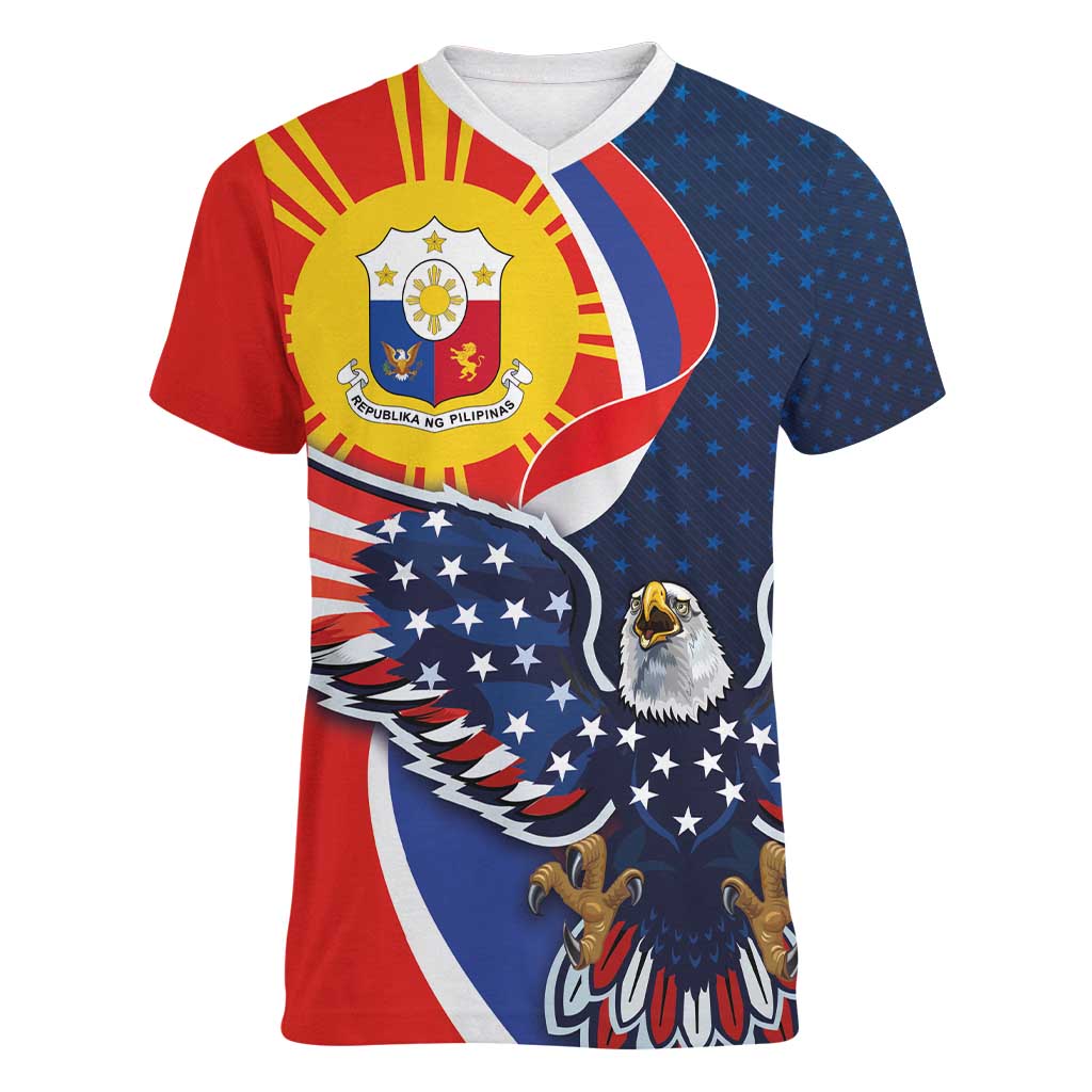 Filipino American History Month Women V-Neck T-Shirt USA Eagle and Philippines Sun Symbol with National Flag - Wonder Print Shop