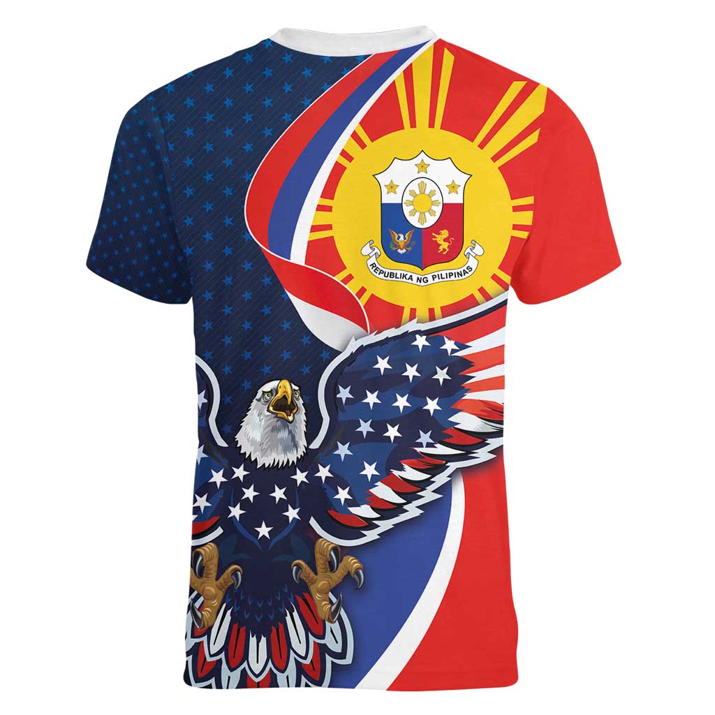 Filipino American History Month Women V-Neck T-Shirt USA Eagle and Philippines Sun Symbol with National Flag - Wonder Print Shop