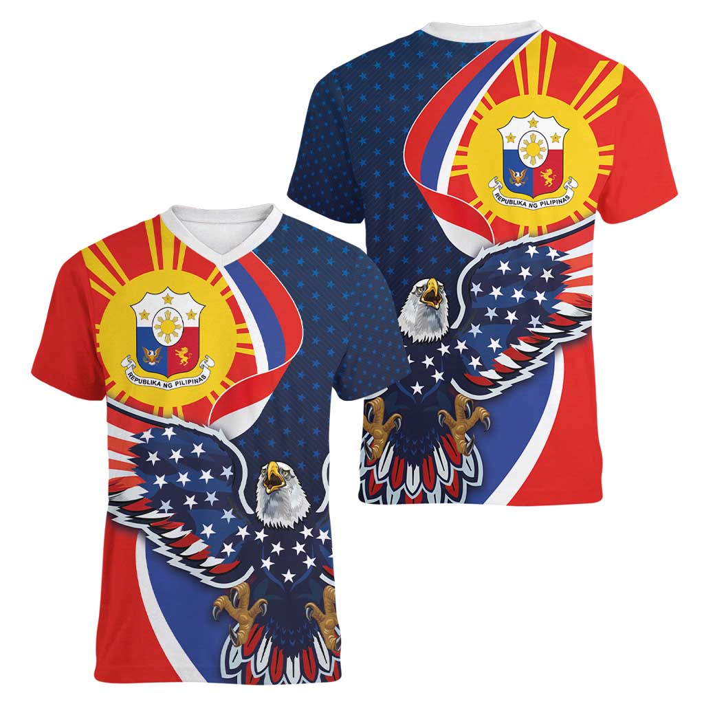Filipino American History Month Women V-Neck T-Shirt USA Eagle and Philippines Sun Symbol with National Flag - Wonder Print Shop