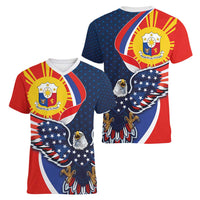 Filipino American History Month Women V-Neck T-Shirt USA Eagle and Philippines Sun Symbol with National Flag - Wonder Print Shop
