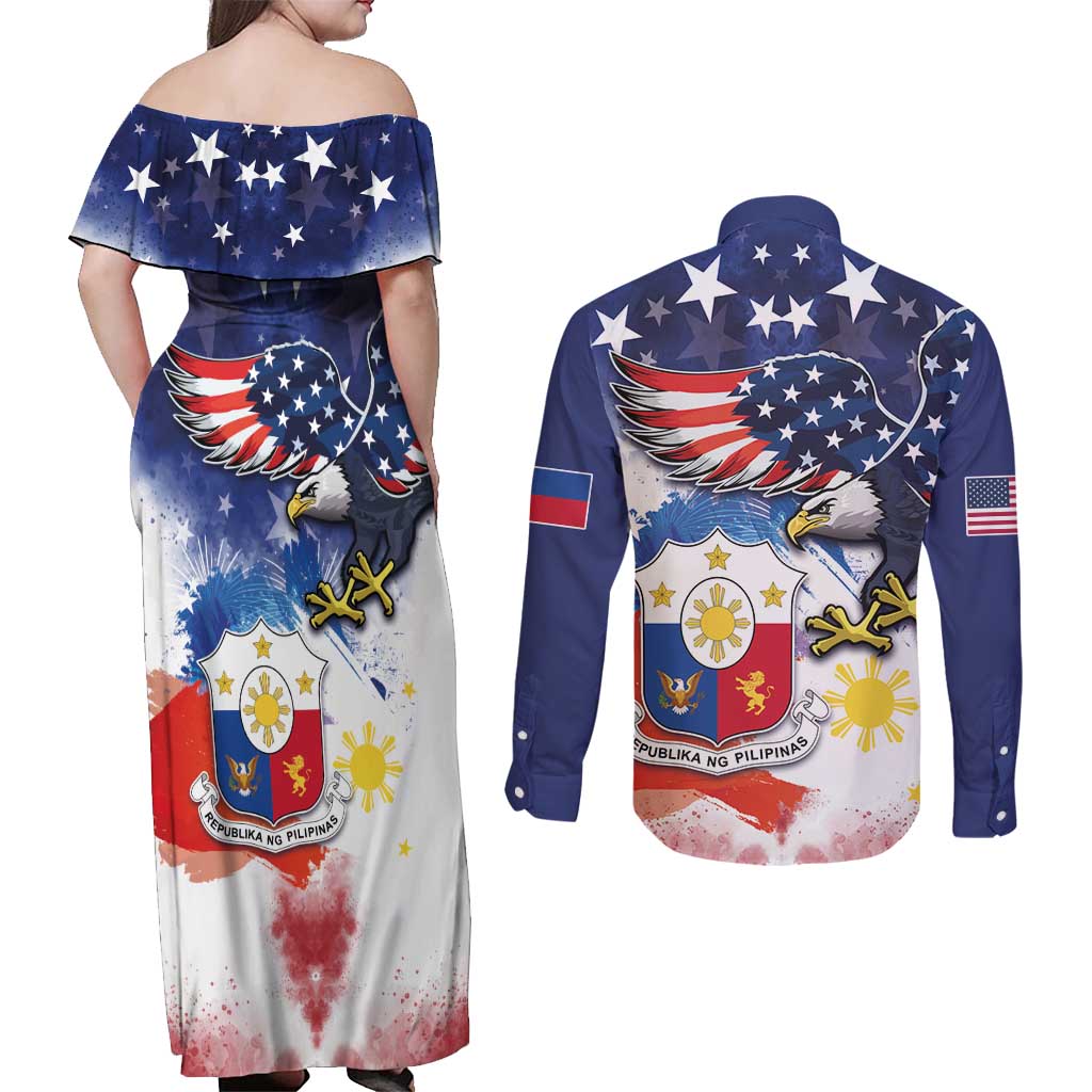 Filipino American History Month Couples Matching Off Shoulder Maxi Dress and Long Sleeve Button Shirt USA Eagle and Philippines Coat of Arms Symbol with National Flag - Wonder Print Shop