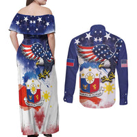 Filipino American History Month Couples Matching Off Shoulder Maxi Dress and Long Sleeve Button Shirt USA Eagle and Philippines Coat of Arms Symbol with National Flag - Wonder Print Shop
