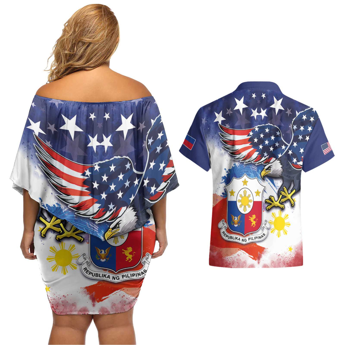 Filipino American History Month Couples Matching Off Shoulder Short Dress and Hawaiian Shirt USA Eagle and Philippines Coat of Arms Symbol with National Flag - Wonder Print Shop