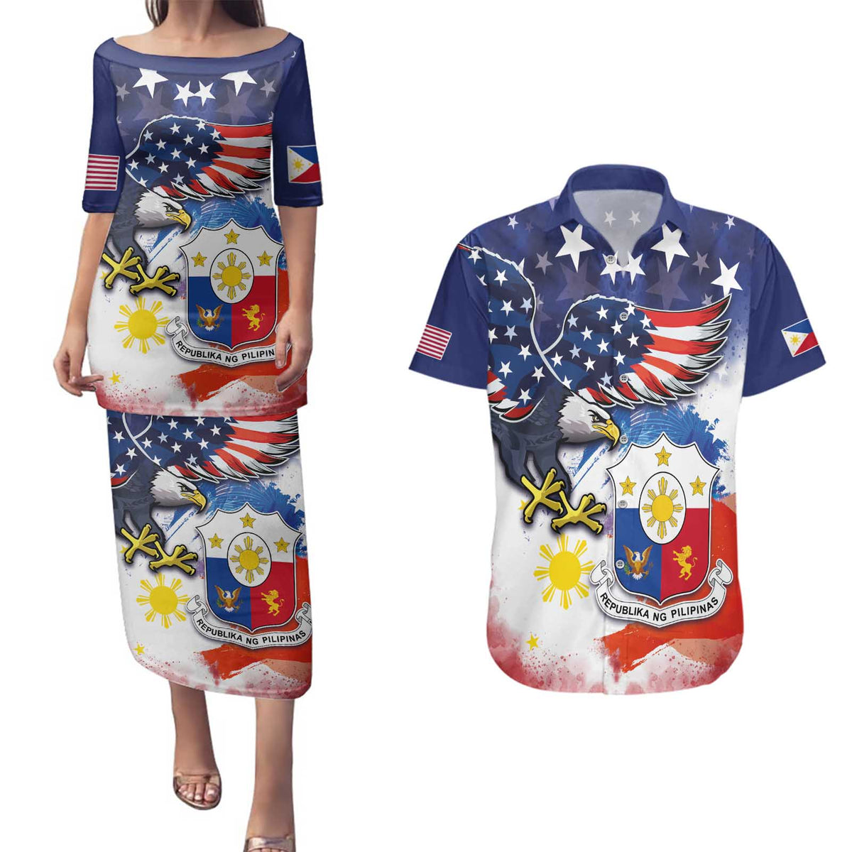 Filipino American History Month Couples Matching Puletasi and Hawaiian Shirt USA Eagle and Philippines Coat of Arms Symbol with National Flag - Wonder Print Shop