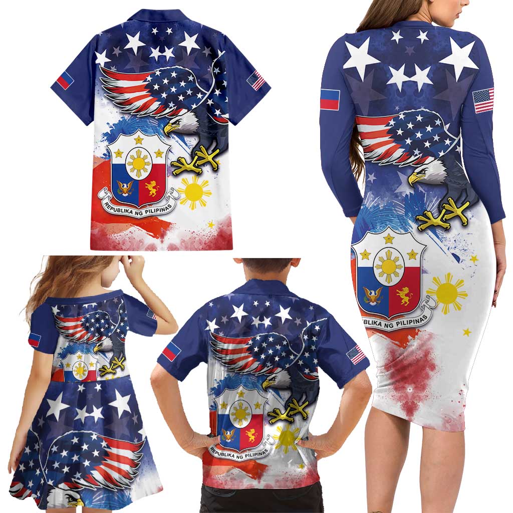 Filipino American History Month Family Matching Long Sleeve Bodycon Dress and Hawaiian Shirt USA Eagle and Philippines Coat of Arms Symbol with National Flag - Wonder Print Shop