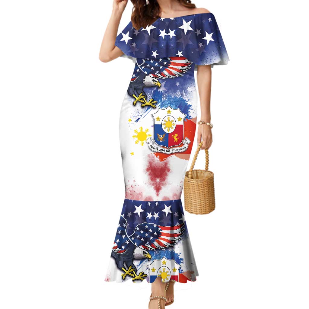 Filipino American History Month Family Matching Mermaid Dress and Hawaiian Shirt USA Eagle and Philippines Coat of Arms Symbol with National Flag - Wonder Print Shop