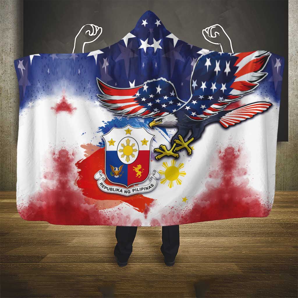 Filipino American History Month Hooded Blanket USA Eagle and Philippines Coat of Arms Symbol with National Flag