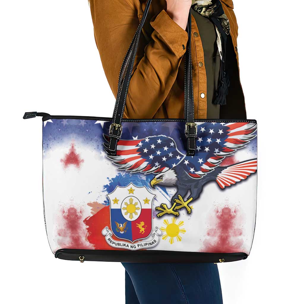 Filipino American History Month Leather Tote Bag USA Eagle and Philippines Coat of Arms Symbol with National Flag - Wonder Print Shop
