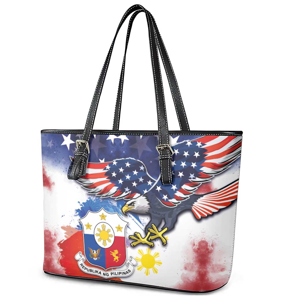 Filipino American History Month Leather Tote Bag USA Eagle and Philippines Coat of Arms Symbol with National Flag - Wonder Print Shop