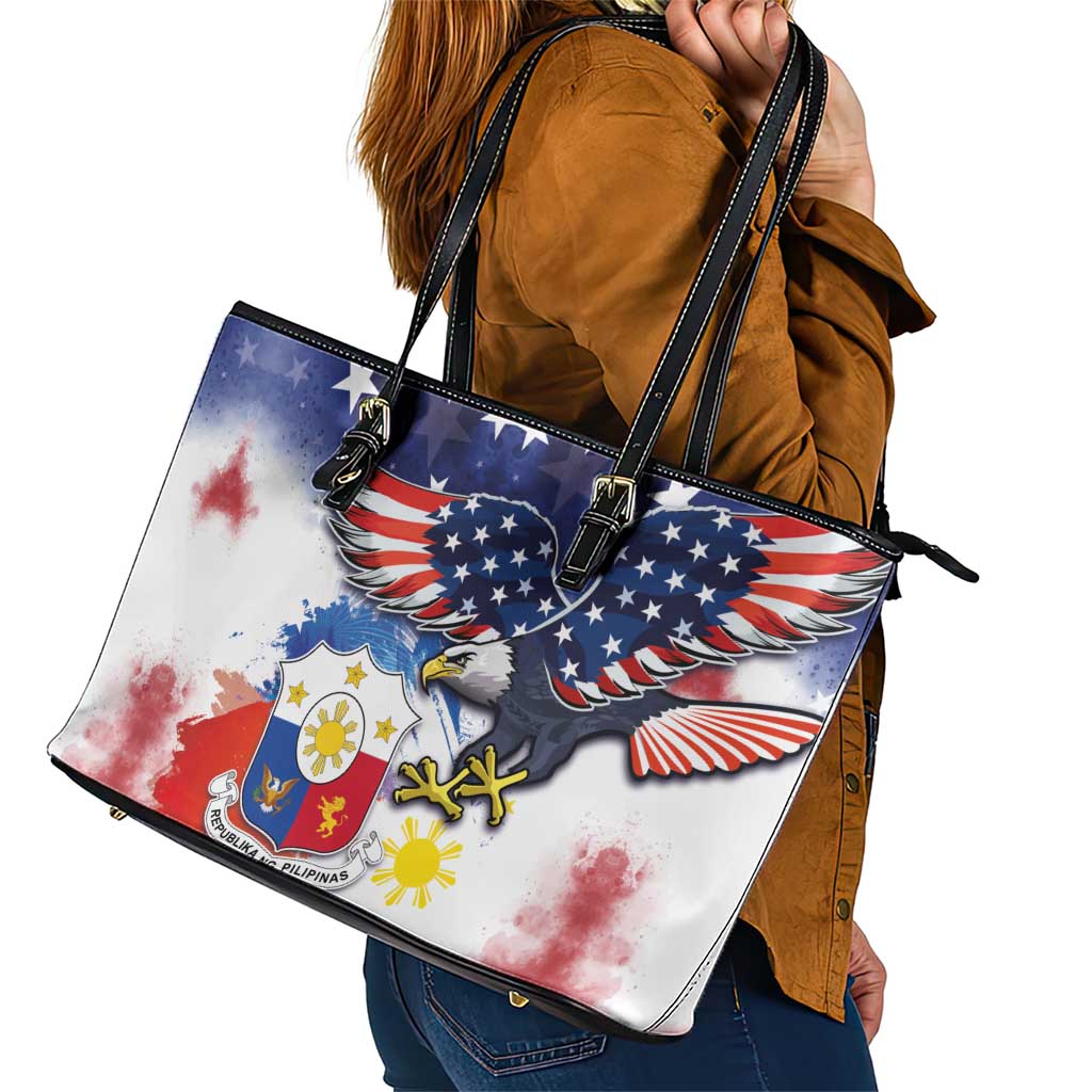 Filipino American History Month Leather Tote Bag USA Eagle and Philippines Coat of Arms Symbol with National Flag - Wonder Print Shop