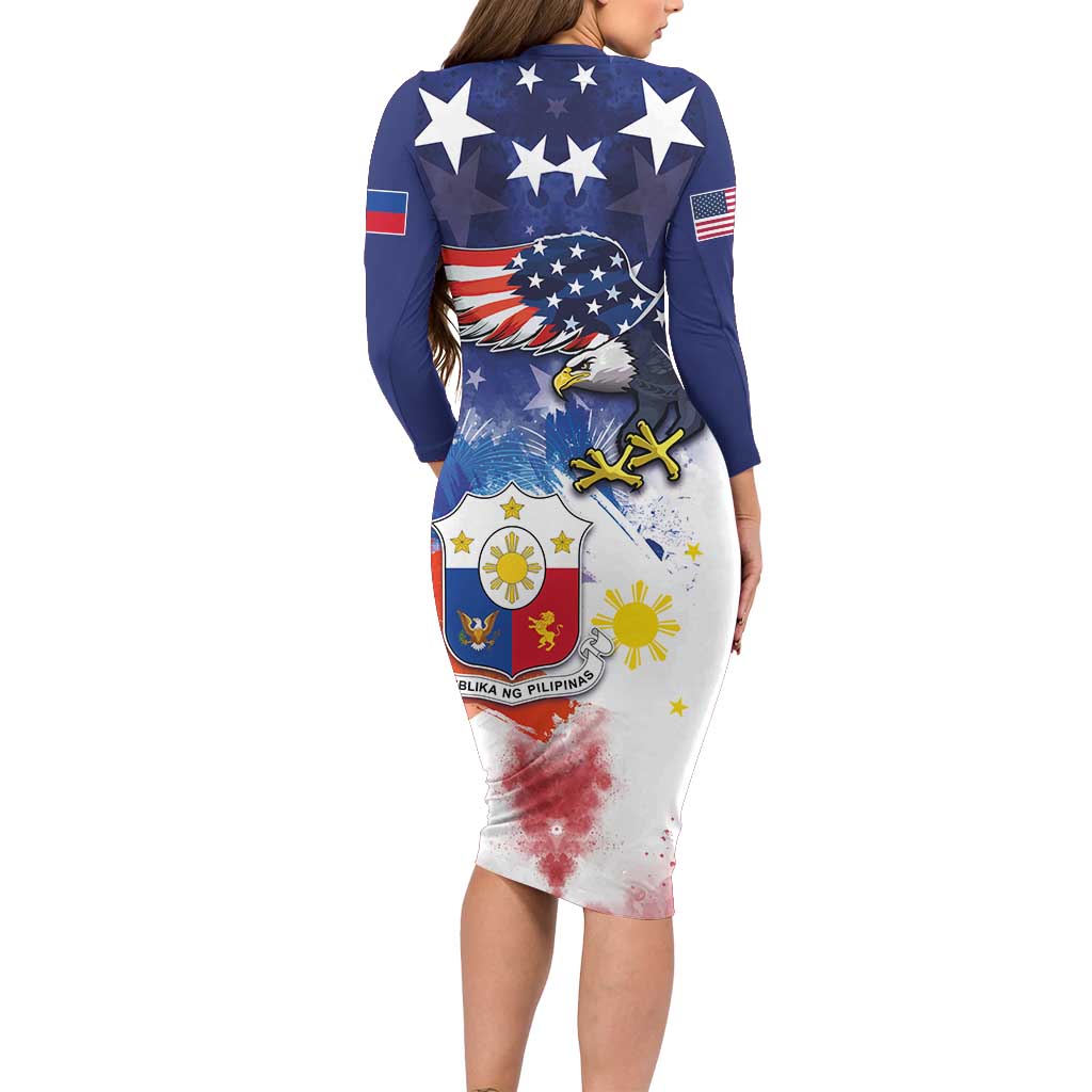 Filipino American History Month Long Sleeve Bodycon Dress USA Eagle and Philippines Coat of Arms Symbol with National Flag - Wonder Print Shop