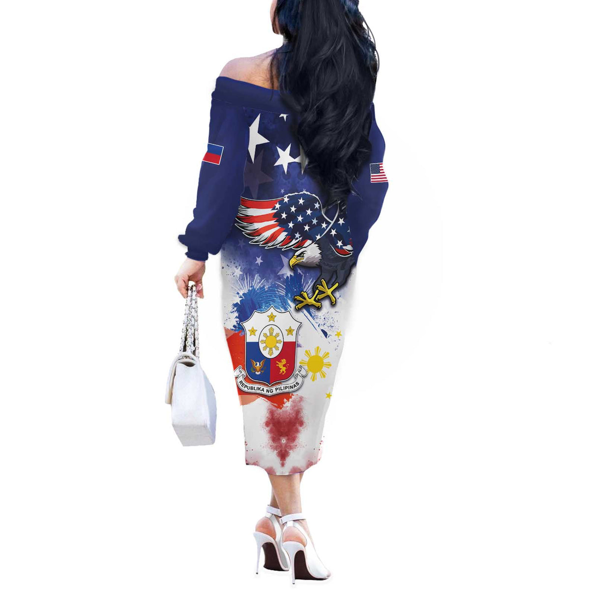 Filipino American History Month Off The Shoulder Long Sleeve Dress USA Eagle and Philippines Coat of Arms Symbol with National Flag - Wonder Print Shop