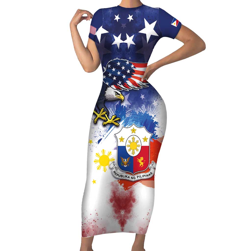 Filipino American History Month Short Sleeve Bodycon Dress USA Eagle and Philippines Coat of Arms Symbol with National Flag - Wonder Print Shop