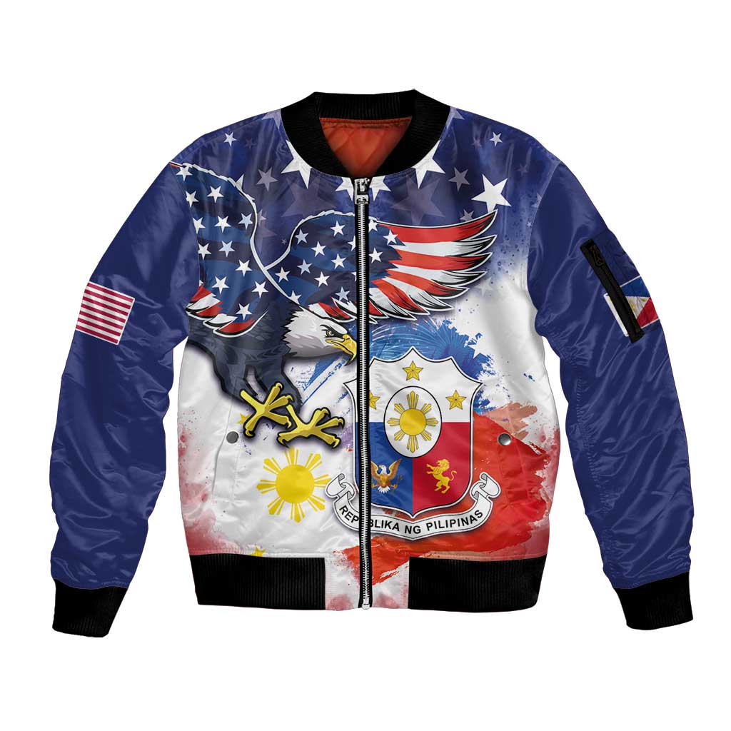 Filipino American History Month Sleeve Zip Bomber Jacket USA Eagle and Philippines Coat of Arms Symbol with National Flag - Wonder Print Shop