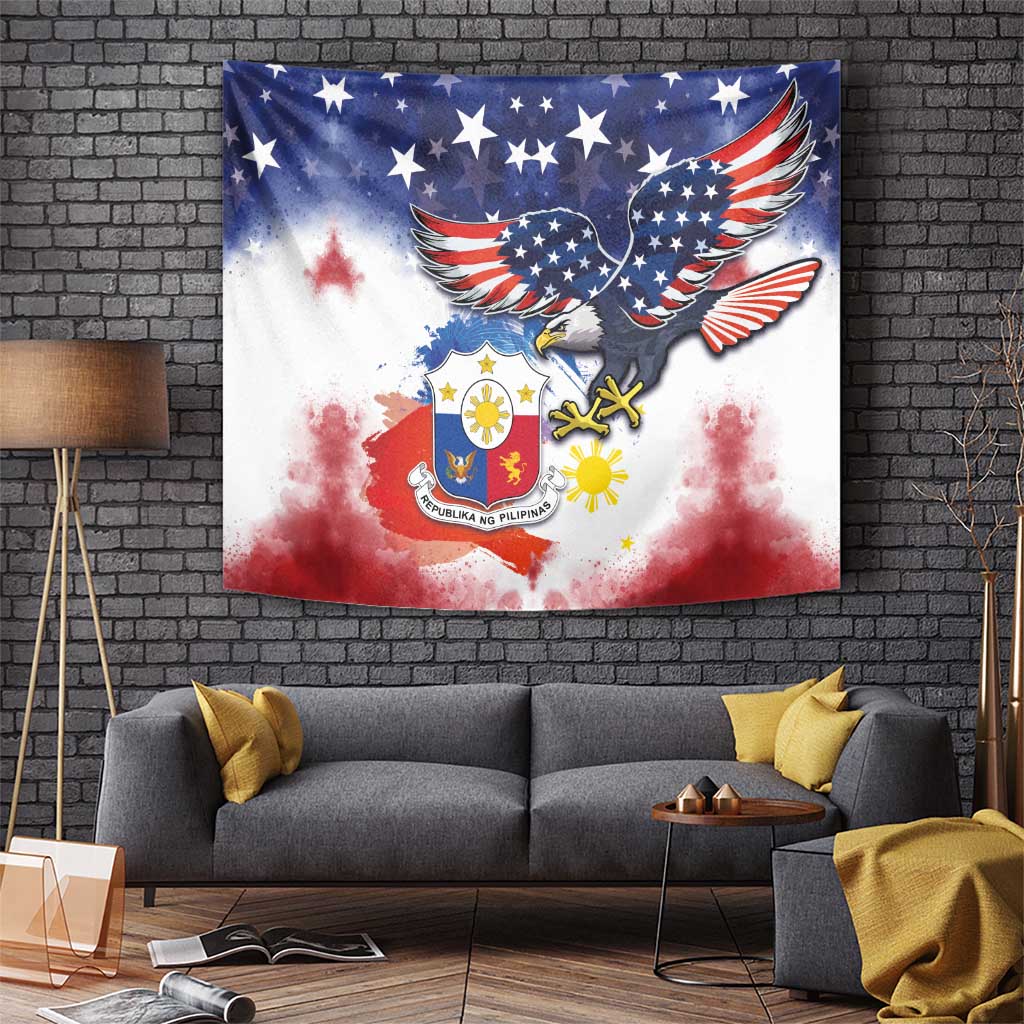 Filipino American History Month Tapestry USA Eagle and Philippines Coat of Arms Symbol with National Flag - Wonder Print Shop