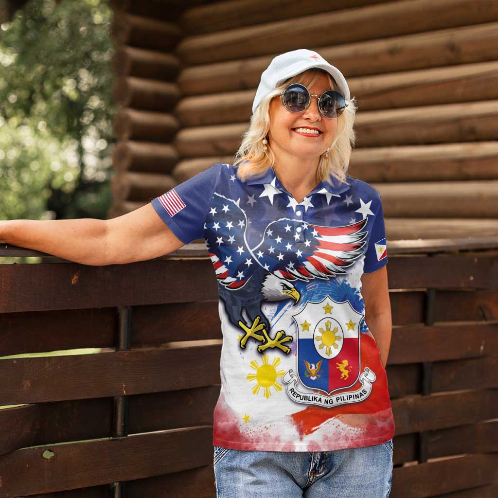 Filipino American History Month Women Polo Shirt USA Eagle and Philippines Coat of Arms Symbol with National Flag - Wonder Print Shop