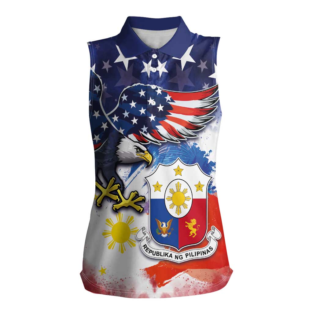 Filipino American History Month Women Sleeveless Polo Shirt USA Eagle and Philippines Coat of Arms Symbol with National Flag - Wonder Print Shop