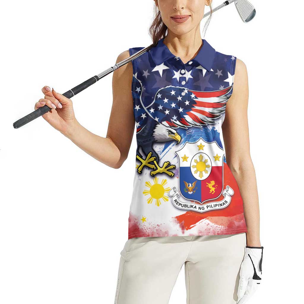 Filipino American History Month Women Sleeveless Polo Shirt USA Eagle and Philippines Coat of Arms Symbol with National Flag - Wonder Print Shop