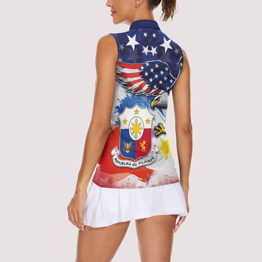 Filipino American History Month Women Sleeveless Polo Shirt USA Eagle and Philippines Coat of Arms Symbol with National Flag - Wonder Print Shop