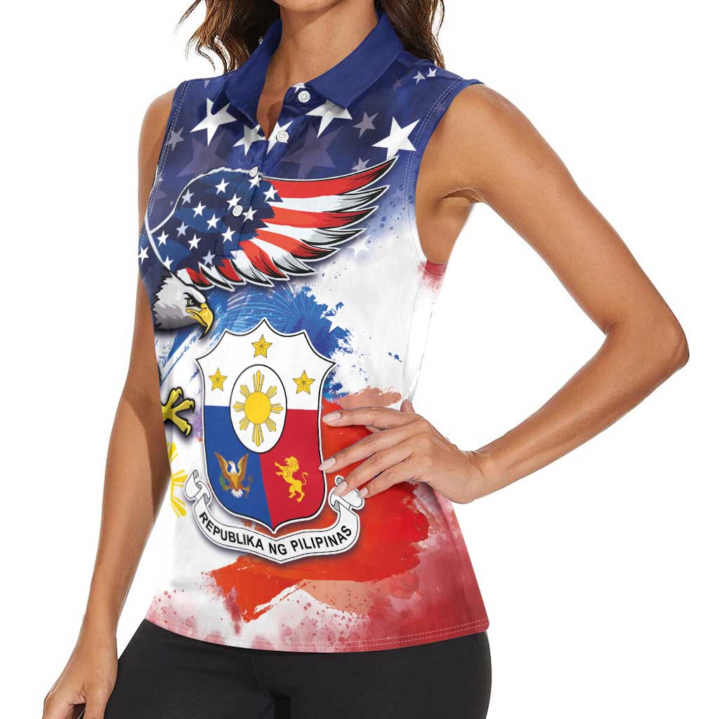 Filipino American History Month Women Sleeveless Polo Shirt USA Eagle and Philippines Coat of Arms Symbol with National Flag - Wonder Print Shop