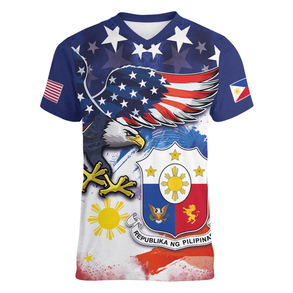Filipino American History Month Women V-Neck T-Shirt USA Eagle and Philippines Coat of Arms Symbol with National Flag - Wonder Print Shop