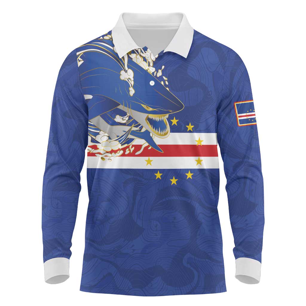 Custom Cape Verde National Football Long Sleeve Polo Shirt Glory Blue Sharks - Wonder Print Shop