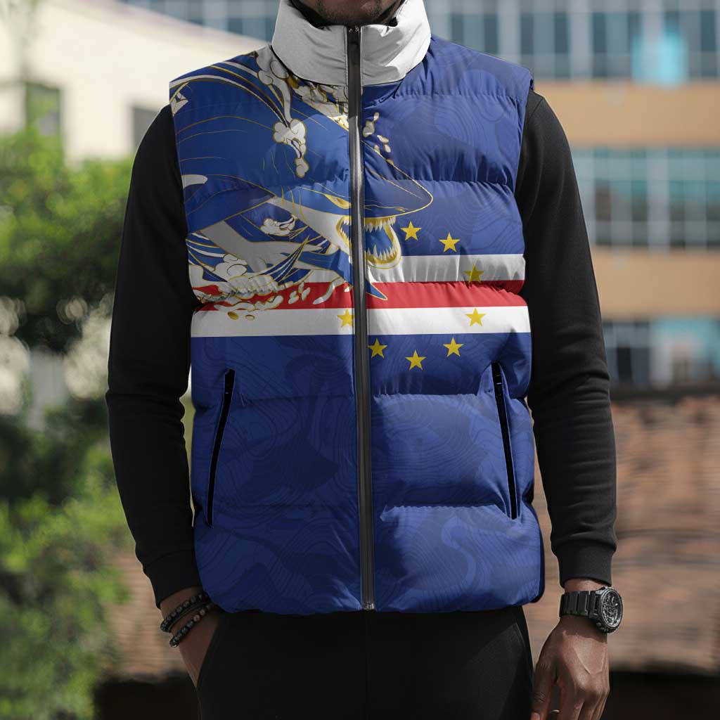 Custom Cape Verde National Football Sleeveless Puffer Jacket Glory Blue Sharks - Wonder Print Shop