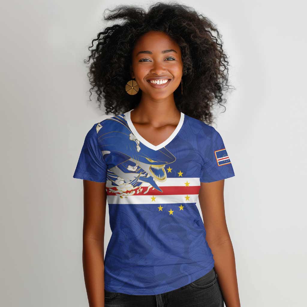 Custom Cape Verde National Football Women V-Neck T-Shirt Glory Blue Sharks - Wonder Print Shop