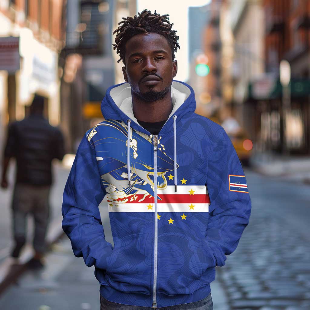 Custom Cape Verde National Football Zip Hoodie Glory Blue Sharks - Wonder Print Shop