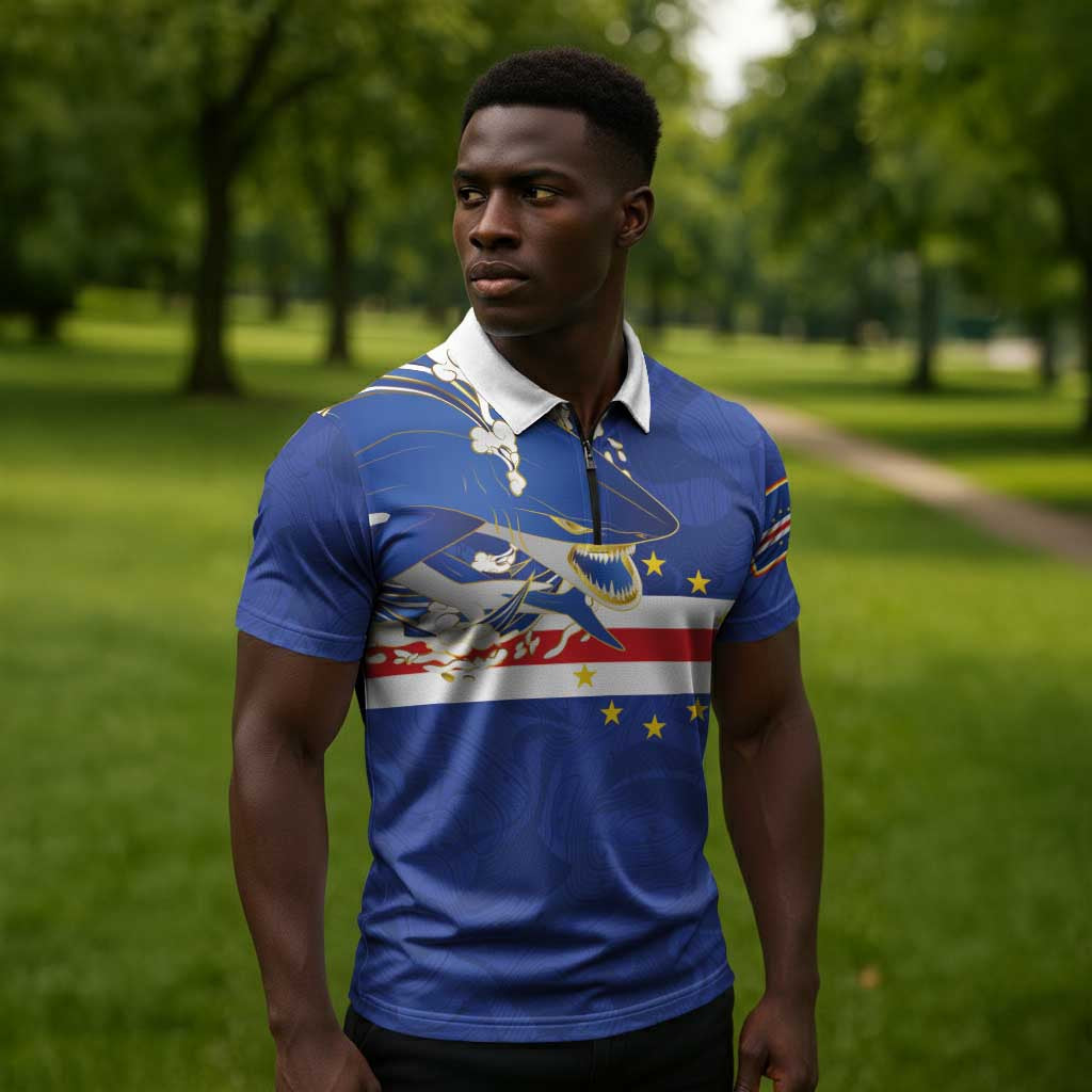 Custom Cape Verde National Football Zipper Polo Shirt Glory Blue Sharks - Wonder Print Shop