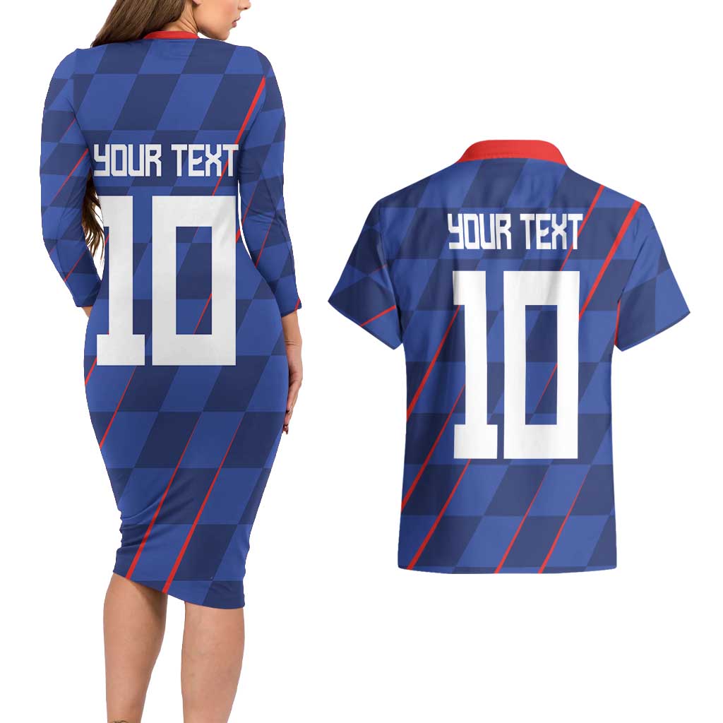 Custom Croatia National Football Couples Matching Long Sleeve Bodycon Dress and Hawaiian Shirt The Checkered Blue Version - Wonder Print Shop