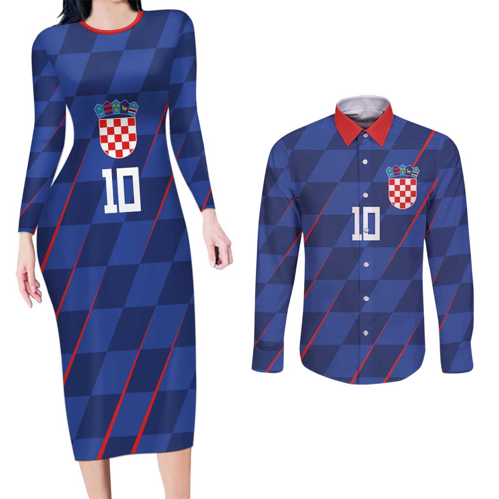 Custom Croatia National Football Couples Matching Long Sleeve Bodycon Dress and Long Sleeve Button Shirt The Checkered Blue Version - Wonder Print Shop