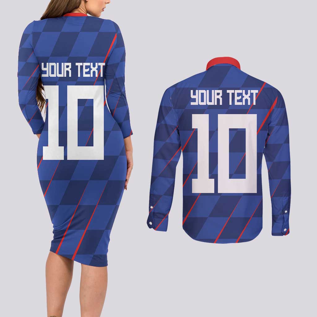 Custom Croatia National Football Couples Matching Long Sleeve Bodycon Dress and Long Sleeve Button Shirt The Checkered Blue Version - Wonder Print Shop