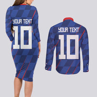 Custom Croatia National Football Couples Matching Long Sleeve Bodycon Dress and Long Sleeve Button Shirt The Checkered Blue Version - Wonder Print Shop