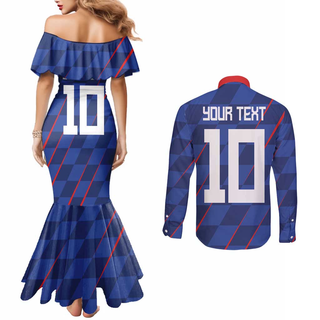 Custom Croatia National Football Couples Matching Mermaid Dress and Long Sleeve Button Shirt The Checkered Blue Version - Wonder Print Shop