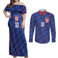 Custom Croatia National Football Couples Matching Off Shoulder Maxi Dress and Long Sleeve Button Shirt The Checkered Blue Version - Wonder Print Shop
