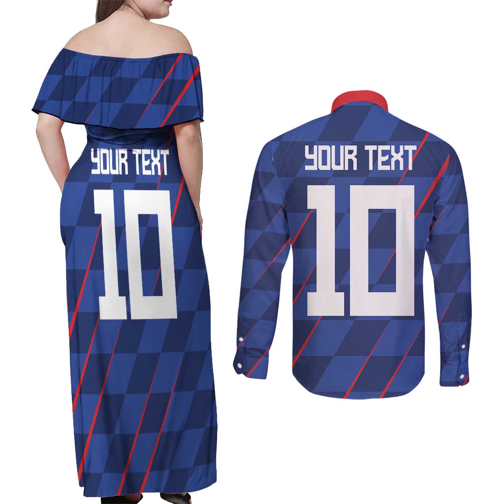 Custom Croatia National Football Couples Matching Off Shoulder Maxi Dress and Long Sleeve Button Shirt The Checkered Blue Version - Wonder Print Shop