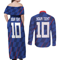 Custom Croatia National Football Couples Matching Off Shoulder Maxi Dress and Long Sleeve Button Shirt The Checkered Blue Version - Wonder Print Shop