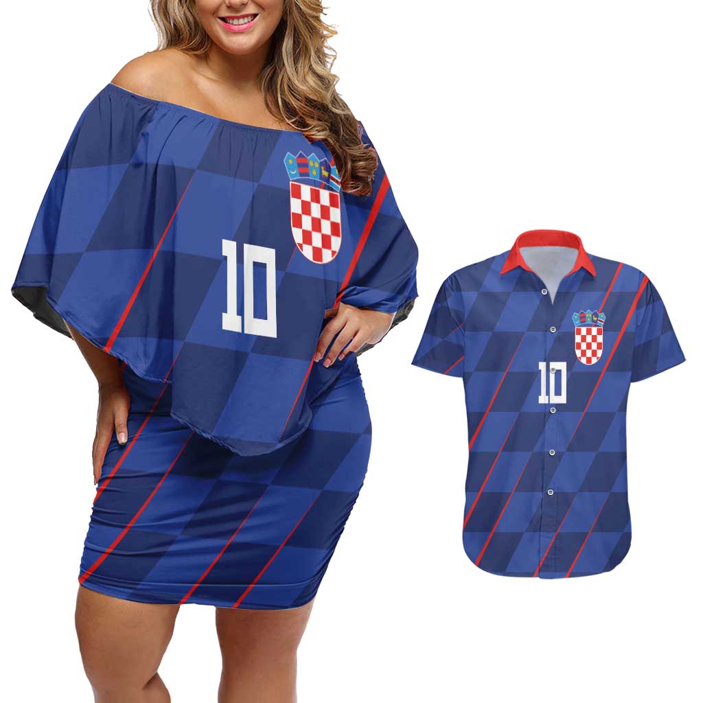 Custom Croatia National Football Couples Matching Off Shoulder Short Dress and Hawaiian Shirt The Checkered Blue Version - Wonder Print Shop