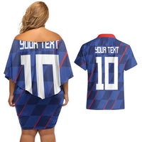 Custom Croatia National Football Couples Matching Off Shoulder Short Dress and Hawaiian Shirt The Checkered Blue Version - Wonder Print Shop
